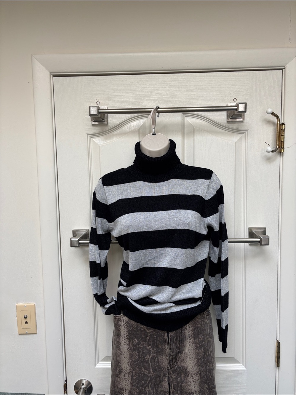 Joseph A. Black and Silver Metallic Lurex Striped Turtleneck Sweater